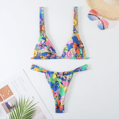 Swimsuit Women Printed Lace up Sexy Backless Split Swimsuit Floral Three Point Bikini