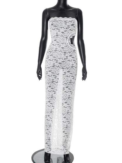 Women Clothing Solid Color Sleeveless Backless Lace Hollow Out Cutout out Slim Fit Dress