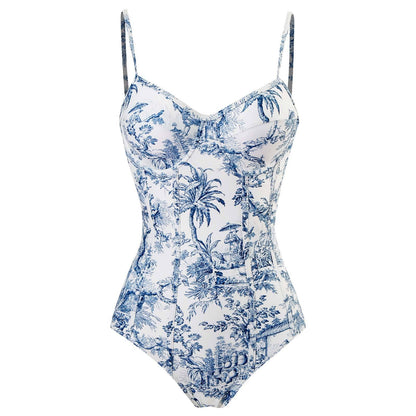 One Piece Swimsuit Women Conservatively Thin Vintage Printed Chiffon Dress with Steel Bracket Hard Bag Swimsuit