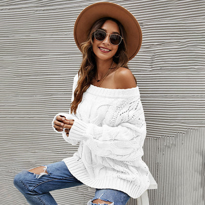 Autumn Winter off-Shoulder Plus Size Loose Sweater off-Shoulder Solid Color Pullover Sweater Women