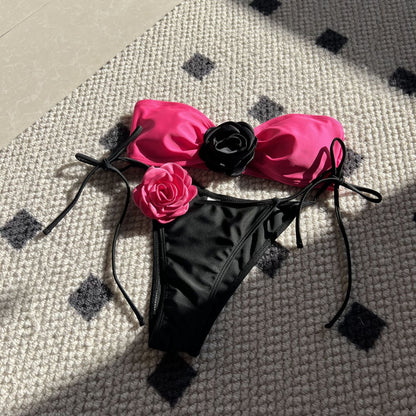 Color Matching Rose Tube Top Lace up Drawstring Strap Split Swimsuit Bikini