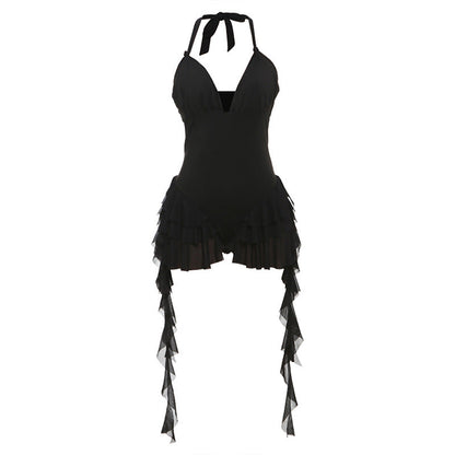 Summer Sexy Sexy Deep V Plunge neck Halter Backless Wooden Ear Solid Color Jumpsuit