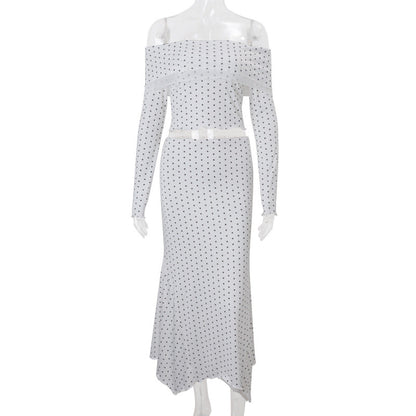Women Clothing Fall Sexy off Shoulder Knitted Long Sleeved Top Low Waist Graceful Beach Skirt Two Piece Sets