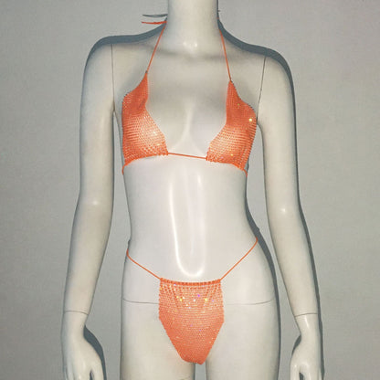 Women Clothing Rhinestone Bikini Set Carnival Sexy Lace Up Outdoor Beach Split Swimsuit