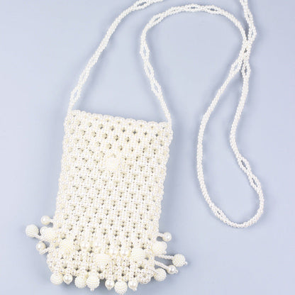 Hand Woven Beads Ethnic Retro Hollow Out Cutout Triangle Buckle Pearl Acrylic Waxberry Tassel Crossbody Phone Bag