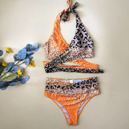 Popular Women Swimsuit Cross Leopard Print Sequin Gradient Bikini