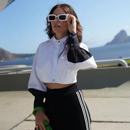 Women Clothing Autumn Polo Collar Stitching Contrast Color Long Sleeves cropped Cardigan Shirt