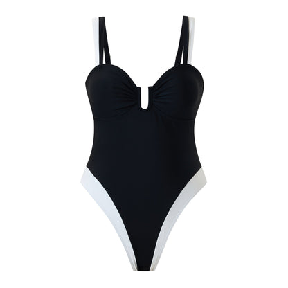 Sexy Swimsuit Women Siamese Triangle Solid Color Black White Patchwork Nylon Swimsuit