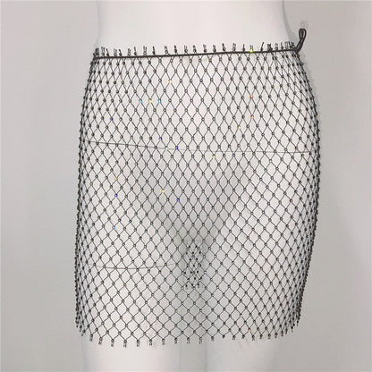 Women Clothing Sexy Fishnet Rhinestone Skirt Sweet Spicy Mini Skirt Rhinestone Miniskirt Women