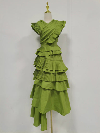 Spring Elegant Elegant Wooden Ear Stitching High Grade V neck Cross Maxi Dress Women Clothing