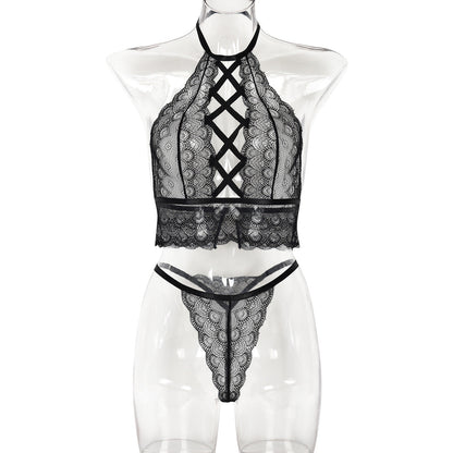 Women Clothing Thin Lace Sexy Cross Hollow Out Cutout Sexy Two Piece Set