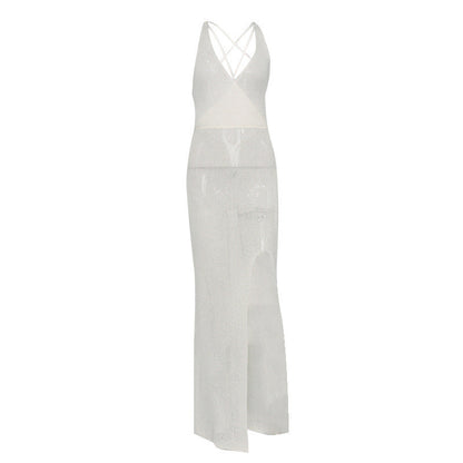 Sexy V neck Backless Lace up See through Beach Dress Bikini Smock Dress Strap Dress for Women Crochet hook Crochet hook Crochet hook