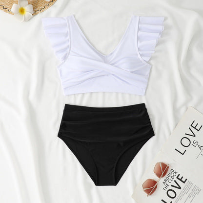 Split Swimsuit Slim Fit V Collar Contrast Color Ruffled Stitching Women Swimsuit Bikini