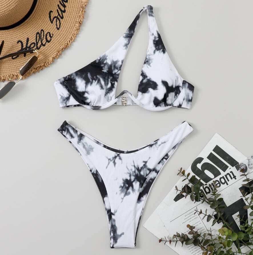 Sexy Women Seperated Swimwear Solid Color One Shoulder Underwire Bikini