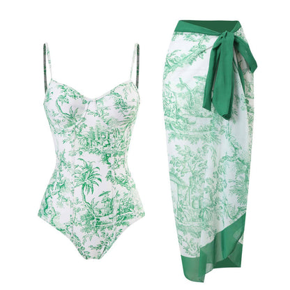 One Piece Swimsuit Women Conservatively Thin Vintage Printed Chiffon Dress with Steel Bracket Hard Bag Swimsuit