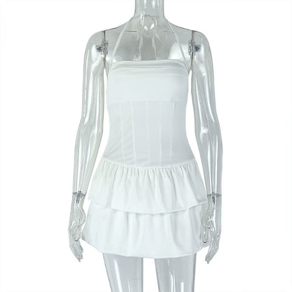 Elegant Sexy Backless Pleated A line Halterneck off Shoulder Dress Fresh Simple Women Clothing
