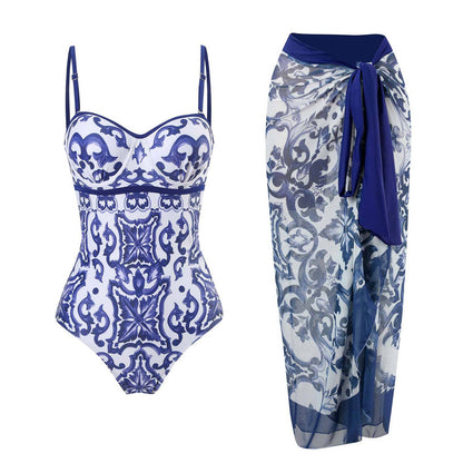 One Piece Swimsuit Women Skinny Slimming Vintage Printed Chiffon Dress with Steel Bracket Hard Bag Swimsuit