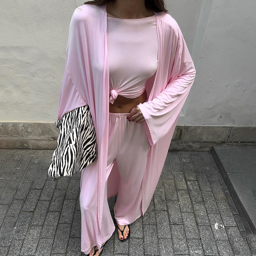 Summer Pajamas Three Piece Knitted Solid Color Top Trousers Loose Comfortable Home Wear