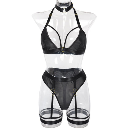 Sexy Three Piece Set Mesh Stitching Sexy Set Neck Neck Foot Ring