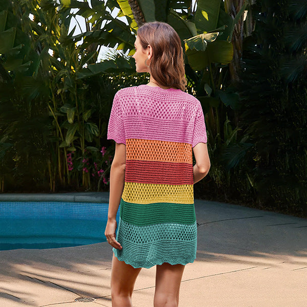 Hollow Out Cutout Beach Blouse Summer Swimsuit Knitted Short Sleeve Beach Loose Dress Women