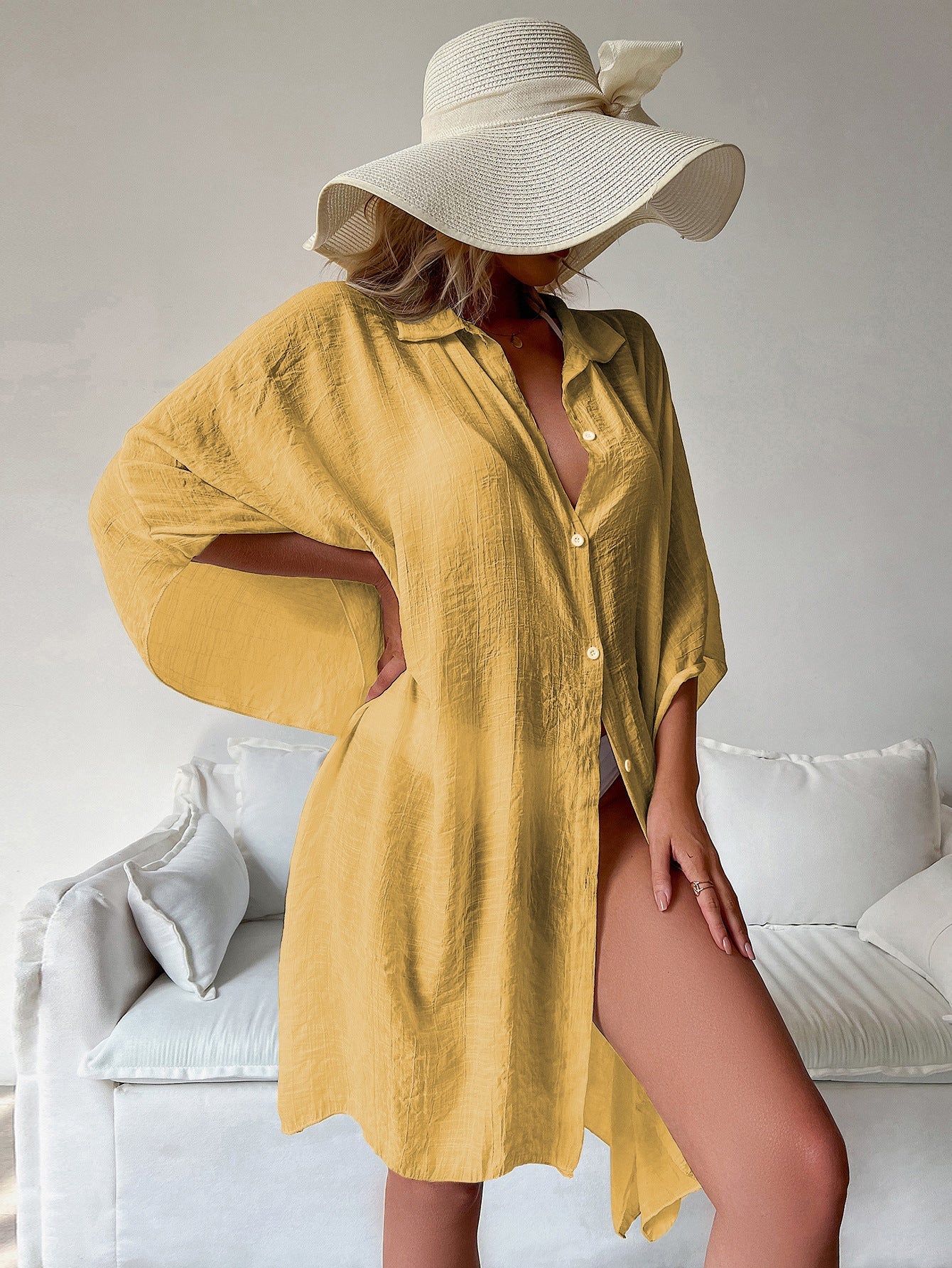 Bamboo Single Breasted Shirt Beach Cover up Sexy Cardigan Sun Protection Shirt Beach Cover Up