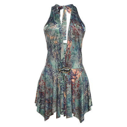 Summer Women Clothing Fashionable Elegant Sexy Halter Lace up Backless Slim Fit Printing Dress