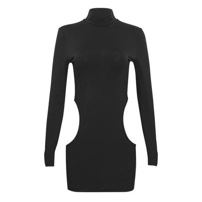 Spring Solid Color round Neck Long Sleeve Slim Fit Hollow Out Cutout Sexy Slim Fit Sexy Dress