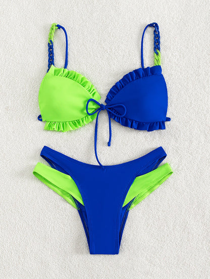 Swimwear Women Split Color Matching Sexy Suspenders Bikini Swimsuit Bikini