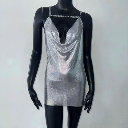 Women Clothing Sequin Sling Dress Cocktail Party Dress Metal Suspender Dress