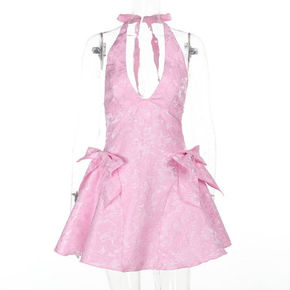 Sexy Sleeveless Halter Jacquard V neck Jacquard Bow Socialite Dress