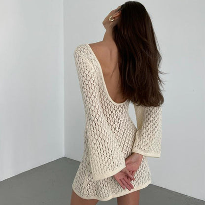 Summer Beach Dress Women Solid Color Sexy Knitted Hollow Out Cutout Bikini Swimsuit Blouse Sun Protective Clothing