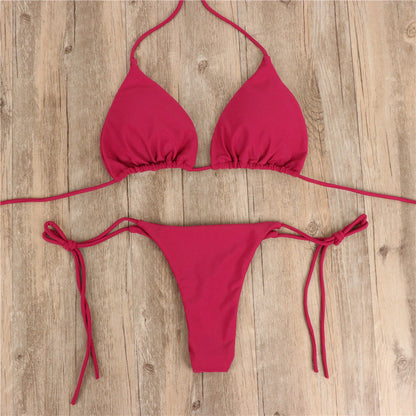 Sexy Sling Halter Bikini Women High Waist Strap Solid Color Split Swimsuit Bikini