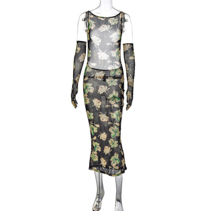 Women Clothing Autumn Elegant Sexy Socialite Mesh Hollow Out Cutout Printed Opera Glove Dress for Women