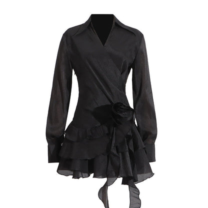 Sexy Lightly Mature Shirt Dress Summer V neck Stitching Floral Ruffled Ribbon Dress
