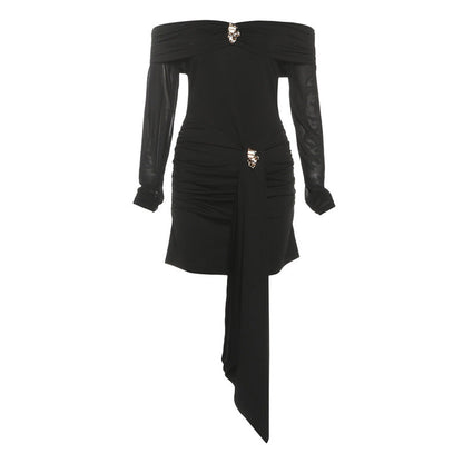 Fall Women Clothing Sexy Sexy Sheath Semi See through off Shoulder Backless Metal Decorative Dress Women