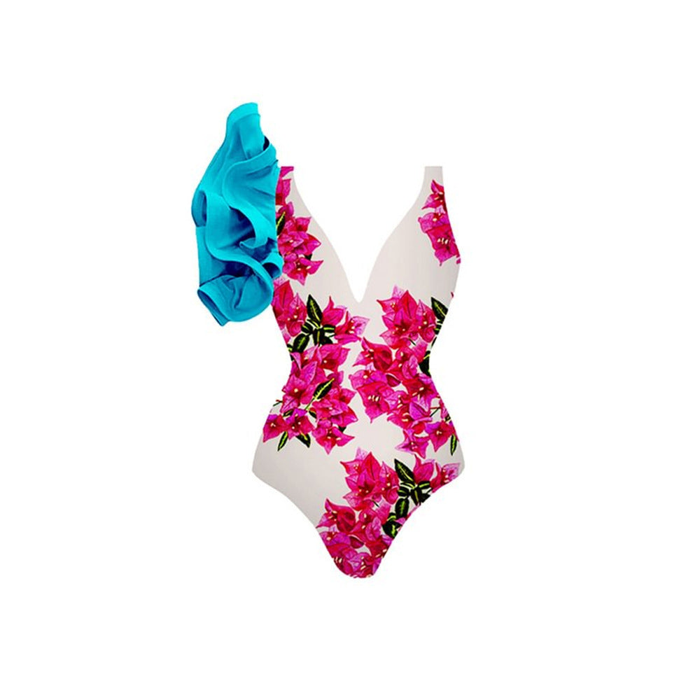 Printing One Piece Women Swimwear Suit European, French Retro Cover Belly Slimming Swimsuit
