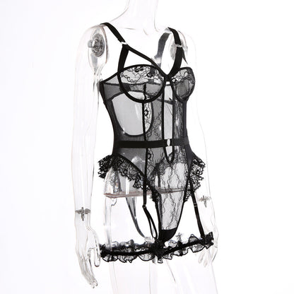 Sexy Lace Lace Cutout See through Sling One Piece Sexy Lingerie Jumpsuit with Leg Ring