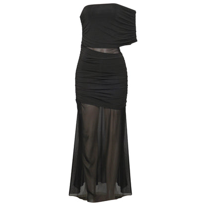 Spring Diagonal Collar Cold Shoulder Elegant Sexy Mesh Stitching Slim Dress