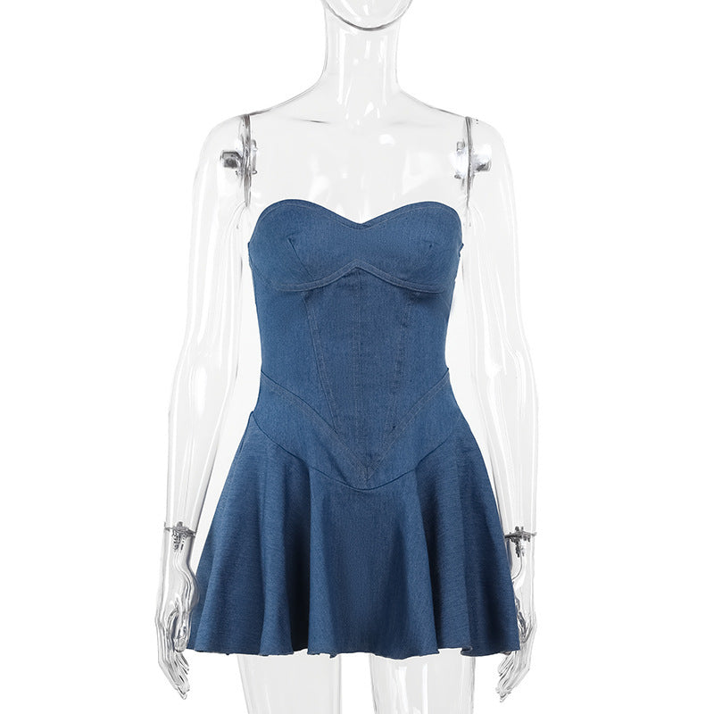 Summer Sheath A Line Sexy Tube Top Imitation Denim Dress Women