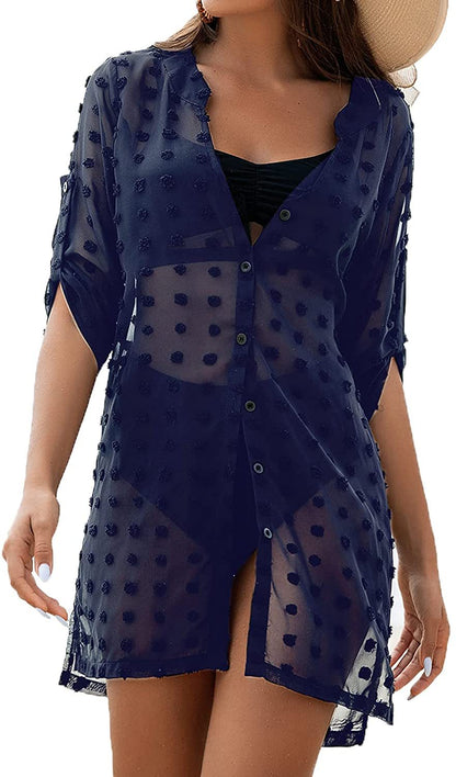 Women Clothing Bikini Transparent V neck Beach Cover up Swimsuit Sun Protection Shirt Dress