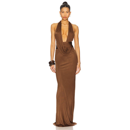 Clothing Autumn Slim Fit Halter Backless Sleeveless Pleated Lace up Elegant Length Dress