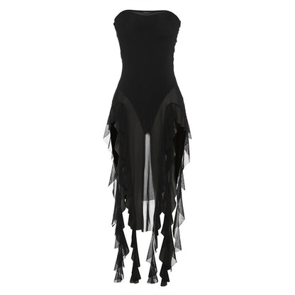 Spring Summer Women Mesh Sexy Personalized Irregular Asymmetric Slit Tassel Tube Top Jumpsuit Women