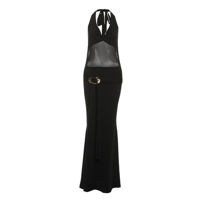 Fall Women Clothing Sexy Mesh Stitching Semi See through Slim Fit Halter Tied Dress Women