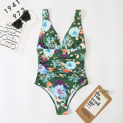 One Piece Women Triangle High Waist Multi Color Printed Swimsuit Domestic Conservative Swimsuit Swimwear