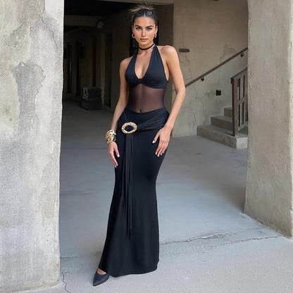 Fall Women Clothing Sexy Mesh Stitching Semi See through Slim Fit Halter Tied Dress Women