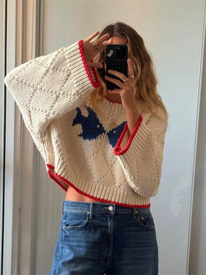Autumn Winter Retro Contrast Color Jacquard Design Knitted Loose Casual Sweater