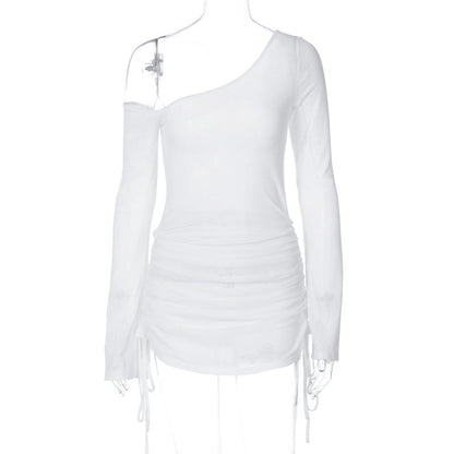 Women Clothing Autumn Pure Sexy Shoulder Long Sleeve Sexy See through Pleating Dress