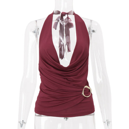 Women Wear Summer Sexy V neck Solid Color Halter Backless Slim Fit Vest Top
