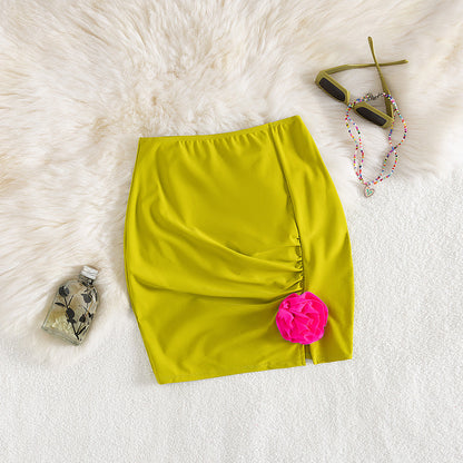 Solid Color One Piece Swimsuit Women One Shoulder Tube Top Hollow Out Cutout out Skirt Hip Wrapped Short Skirt Two Piece Sets