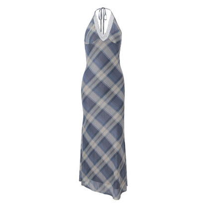 Women Clothing Summer Sexy V neck Lace Plaid Sweet Retro Slim Fit Dress Women